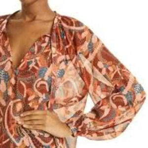 A.L.C. Flowing Paisley Long Sleeve Split  Tie Neck Delphina Silk Blouse Brown 2